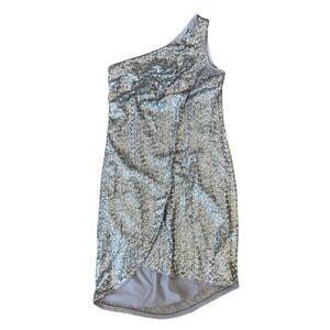 Halston Heritage Silver Sequin One Shoulder Cocktail Dress SZ: 6
